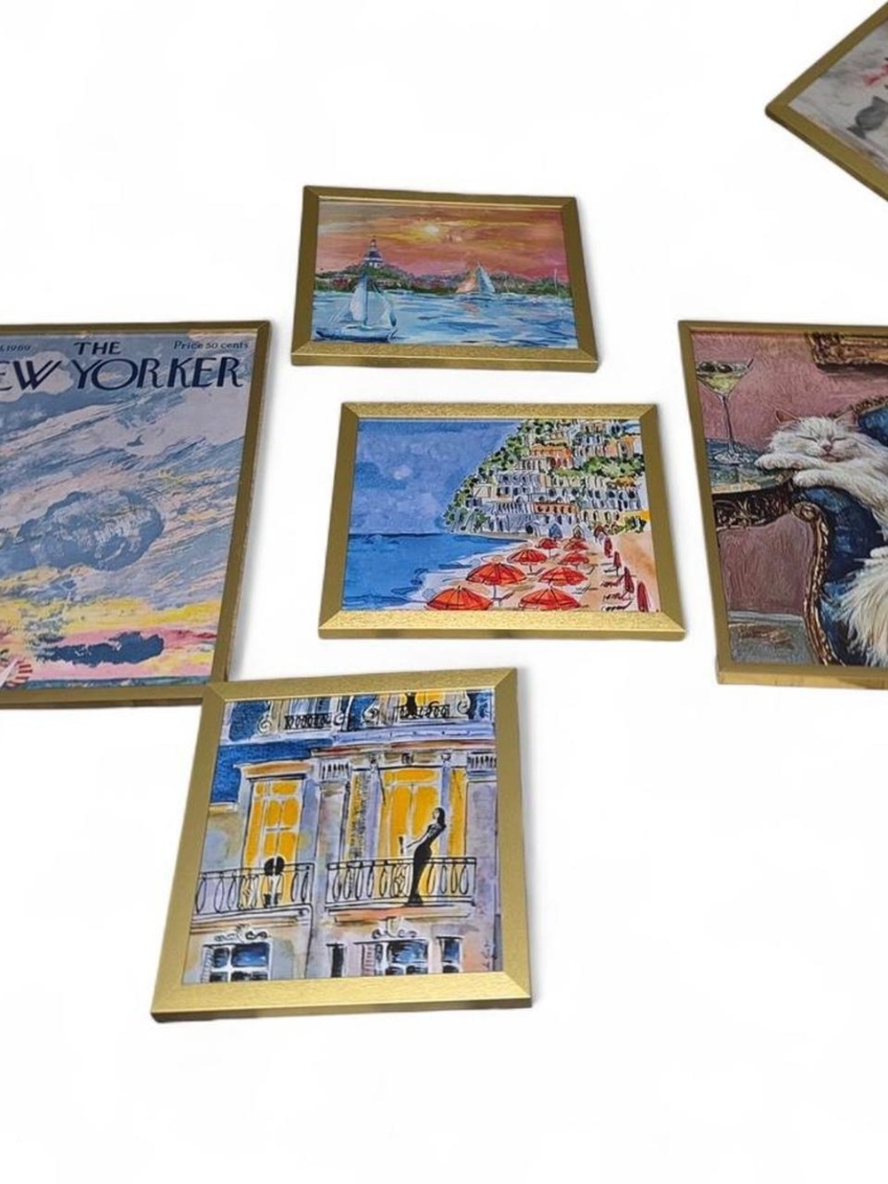 Set of 5 Framed Coastal and City Art Prints in Gold Frames